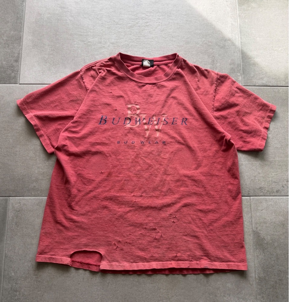 Vintage 1996 Budweiser Bud Wear Tee L Faded Red Distressed USA Changes Graphic